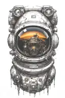 Astronaut helmet with an alien head on the inside. There should be planets in the reflection of the visor. tattoo design idea