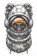 Astronaut helmet with an alien head on the inside. There should be planets in the reflection of the visor. tattoo design idea