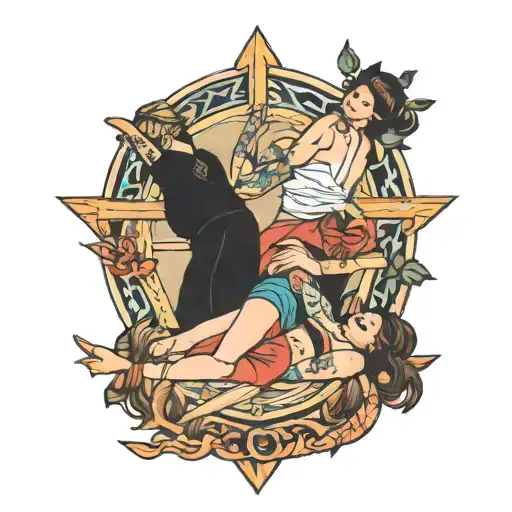 four people laying on rafters tattoo design idea