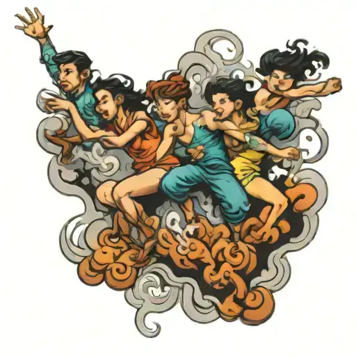 four people leaping out of smoke  tattoo design idea