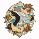 four people laying on rafters tattoo design idea
