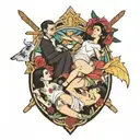 four people laying on rafters tattoo design idea