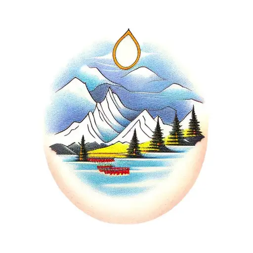 A traditional tattoo featuring a tranquil lake nestled amidst the breathtaking Himalayan landscape, adorned with prayer flags tattoo design idea