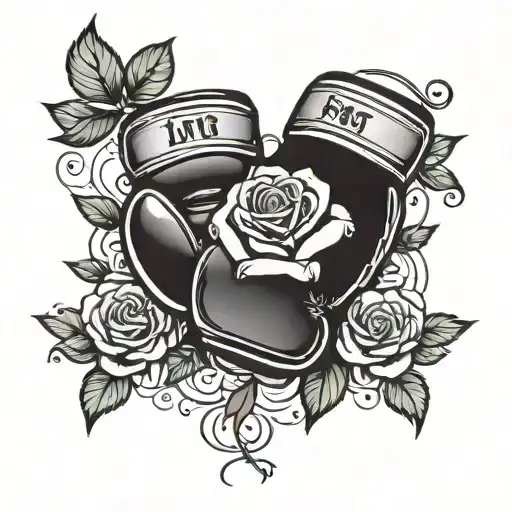 boxing gloves with rose and the words "first love" written tattoo design idea