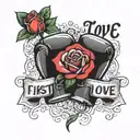 boxing gloves with rose and the words "first love" written tattoo design idea