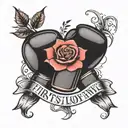 boxing gloves with rose and the words "first love" written tattoo design idea