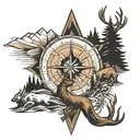 compass, mountain, elk, arrow tattoo design idea