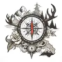 compass, mountain, elk, arrow tattoo design idea