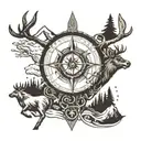 compass, mountain, elk, arrow tattoo design idea