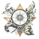compass, mountain, elk, arrow tattoo design idea