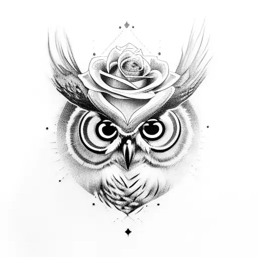 Top half of a owl blended into a rose with 444 on the bottom on forearm tattoo design idea