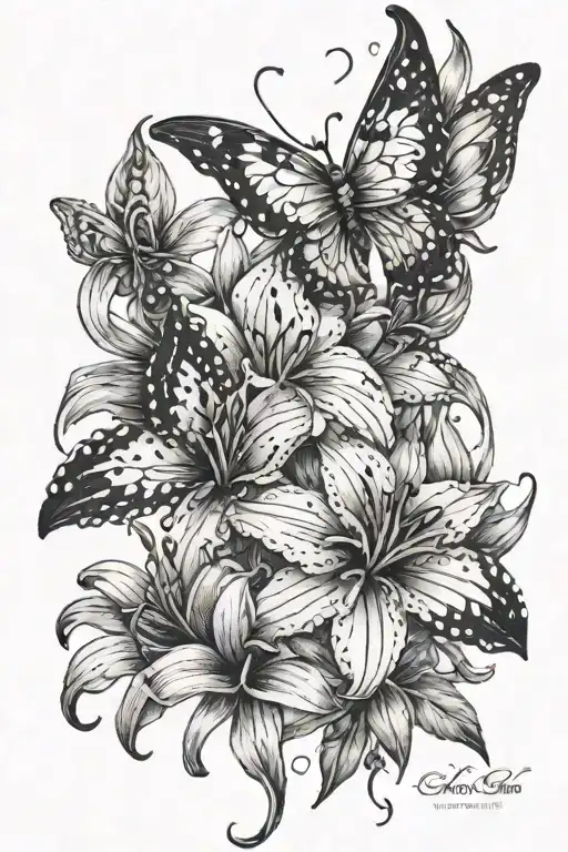 Fire Lily with butterflies, one angel butterfly for a miscarriage tattoo design idea