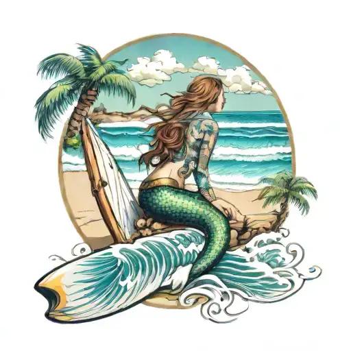 beautiful photorealism mermaid on the beach with surf board, palm trees, adirondack chairs, jewels, waves crashing tattoo design idea