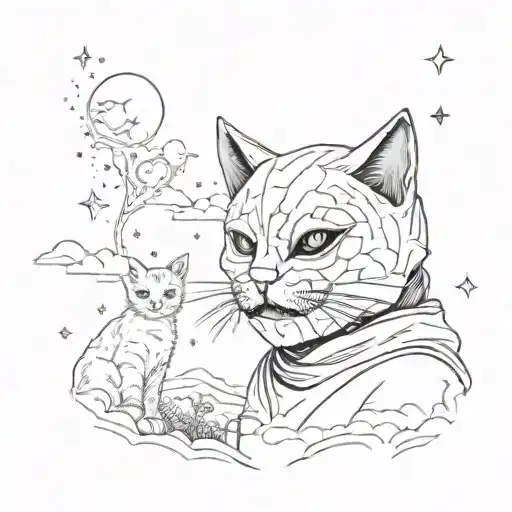 A surreal scene of a human in a cat mask confronting their inner demons under the stars tattoo design idea