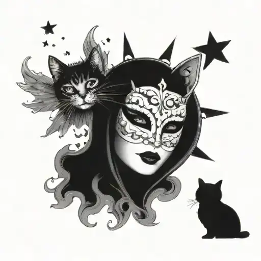A human figure with intricate venetian cat mask designs on their face, gazing up at a star-filled sky tattoo design idea