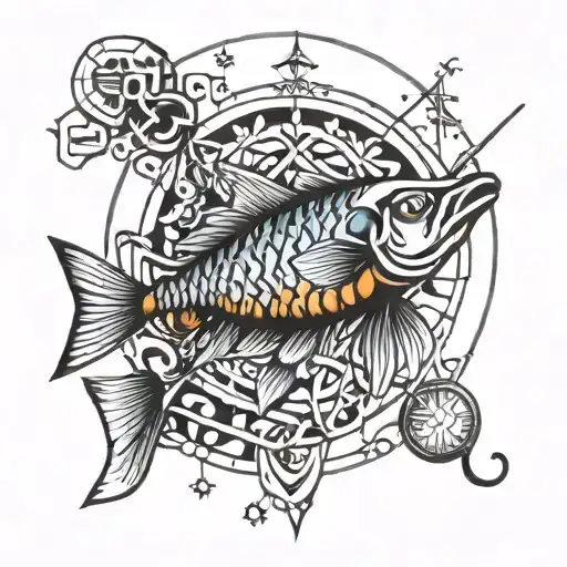 fishes & fish hook and geometric sunbeam  tattoo design idea