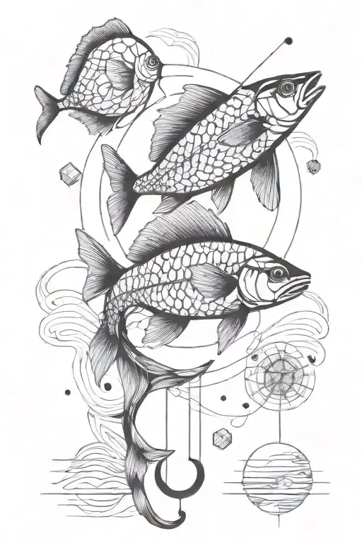 2 fishes chasing after fish hook and geometric sun beam   tattoo design idea
