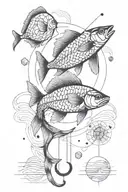 2 fishes chasing after fish hook and geometric sun beam   tattoo design idea