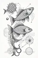 2 fishes chasing after fish hook and geometric sun beam   tattoo design idea