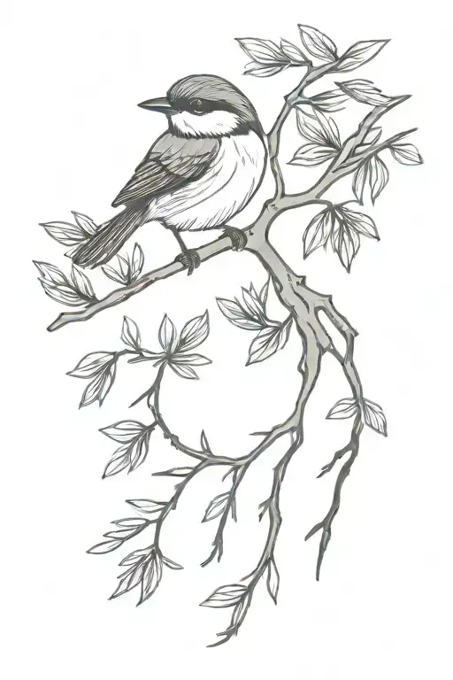 juniper tree with small flying mountain chickadee tattoo design idea