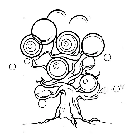 A bubble containng a live oak tree with gnarly limbs, green leaves. The tree's roots dangle down out of the bubble. tattoo design idea