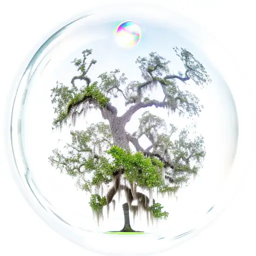 A bubble containng a live oak tree with gnarly limbs, green leaves. The tree's roots dangle down out of the bubble. tattoo design idea