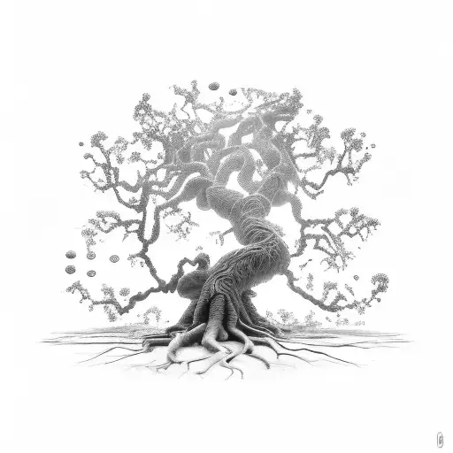 A bubble containg a live oak tree with gnarly limbs, green leaves & roots dangle below the bubble. tattoo design idea