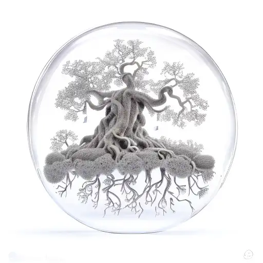 Floating island bubble with a live oak tree with gnarly limbs, green leaves & roots dangle below the bubble. tattoo design idea