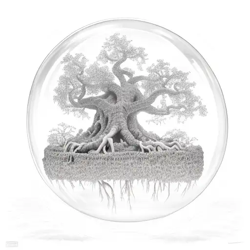 Floating island bubble with a live oak tree with gnarly limbs, green leaves & roots dangle below the bubble. tattoo design idea