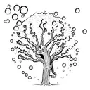 A bubble containng a live oak tree with gnarly limbs, green leaves. The tree's roots dangle down out of the bubble. tattoo design idea