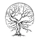 A bubble containng a live oak tree with gnarly limbs, green leaves. The tree's roots dangle down out of the bubble. tattoo design idea
