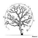 A bubble containng a live oak tree with gnarly limbs, green leaves. The tree's roots dangle down out of the bubble. tattoo design idea