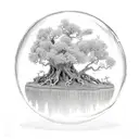 Floating island bubble with a live oak tree with gnarly limbs, green leaves & roots dangle below the bubble. tattoo design idea