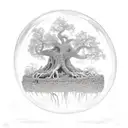 Floating island bubble with a live oak tree with gnarly limbs, green leaves & roots dangle below the bubble. tattoo design idea
