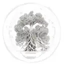 Floating island bubble with a live oak tree with gnarly limbs, green leaves & roots dangle below the bubble. tattoo design idea
