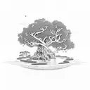 Floating island bubble with a live oak tree with gnarly limbs, green leaves & roots dangle below the bubble. tattoo design idea