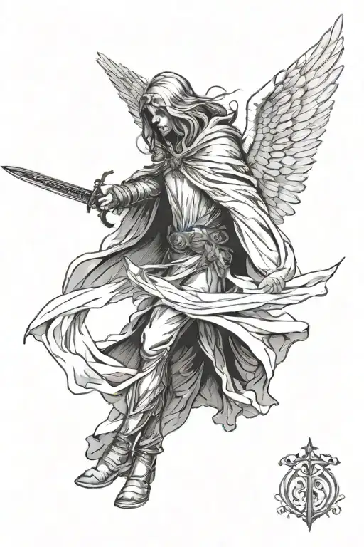 realistic cloaked angel with sword down the middle tattoo design idea