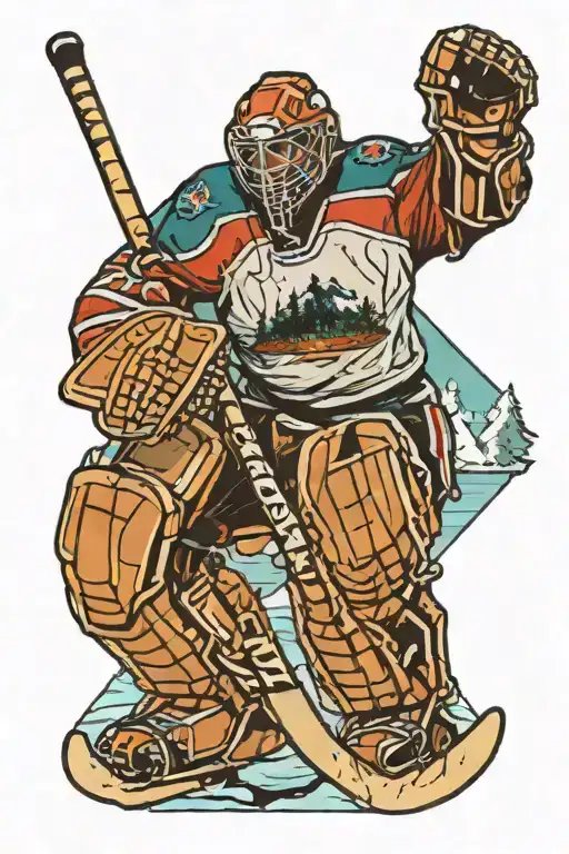 A hockey goalie leaning on a crossbar of a hockey net looking out onto a frozen lake with mountains and evergreen trees  tattoo design idea