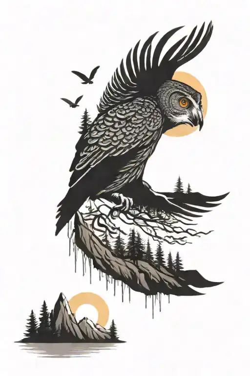 owl silhouette with waterfall forest mountain sunrise tattoo design idea