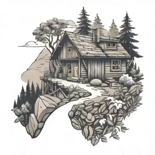 A trail of coffee beans leading to a cozy cabin in the mountains, combining the client's love for coffee and hiking tattoo design idea