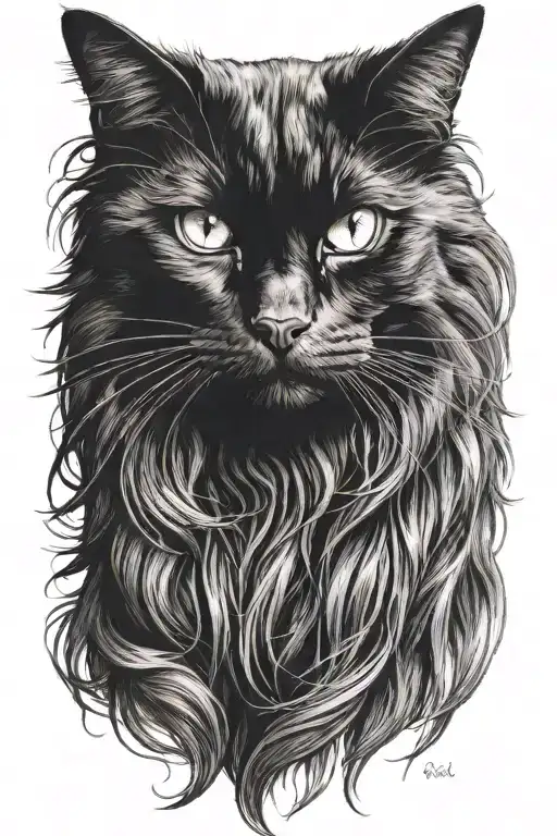 long haired black cat tattoo design idea
