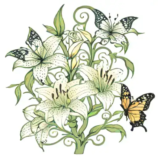dragon lily flowers on vines with butterfly tattoo design idea