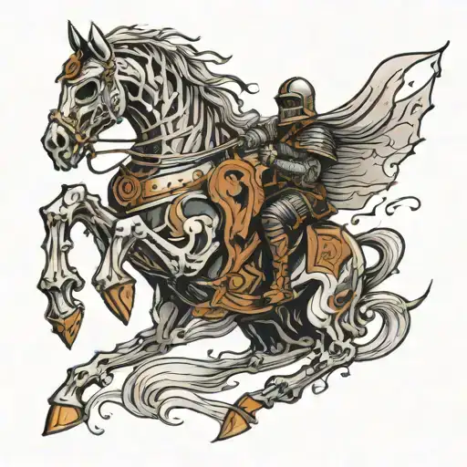 armored skeleton knight riding an armored horse galloping tattoo design idea