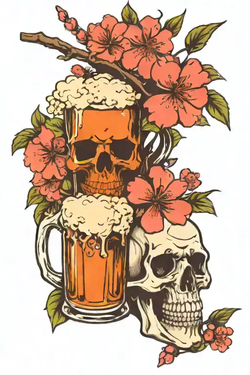 cherry blossom and skull with beer mug overflowing tattoo design idea