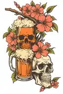cherry blossom and skull with beer mug overflowing tattoo design idea