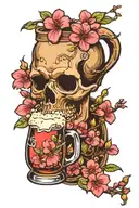 cherry blossom and skull with beer mug overflowing tattoo design idea