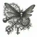 A mystical tattoo featuring a dragonfly morphing into a magical flying key inspired by the world of Harry Potter tattoo design idea