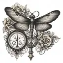 A mystical tattoo featuring a dragonfly morphing into a magical flying key inspired by the world of Harry Potter tattoo design idea