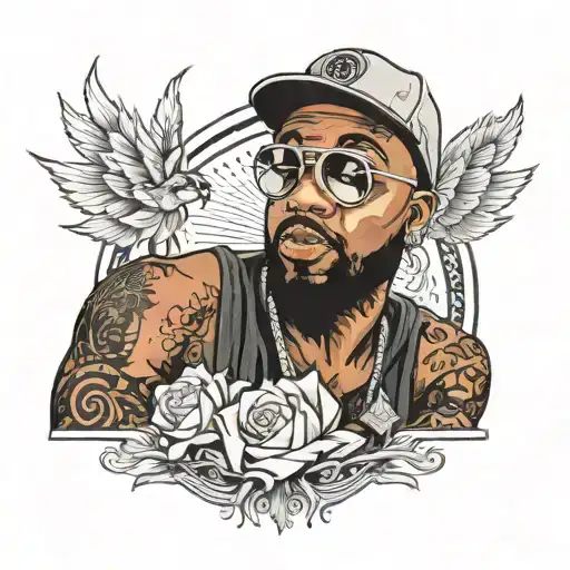 A tattoo inspired by the rapper Damso, in a realistic silver photo style with a grain but dark tattoo design idea