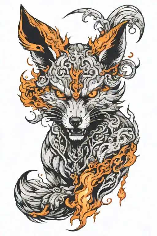 Head of angry fox demon surrounded by smoke and holding kunai with fire style background and whole tattoo is colorless tattoo design idea